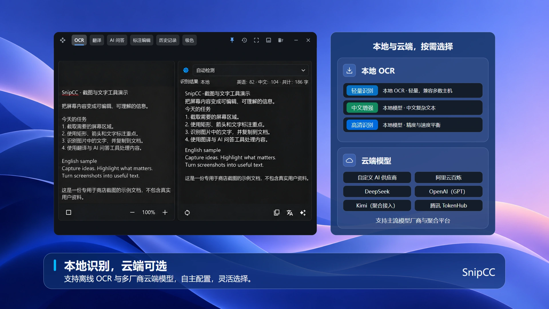 原图与 OCR 识别结果对照,支持本地与云端识别