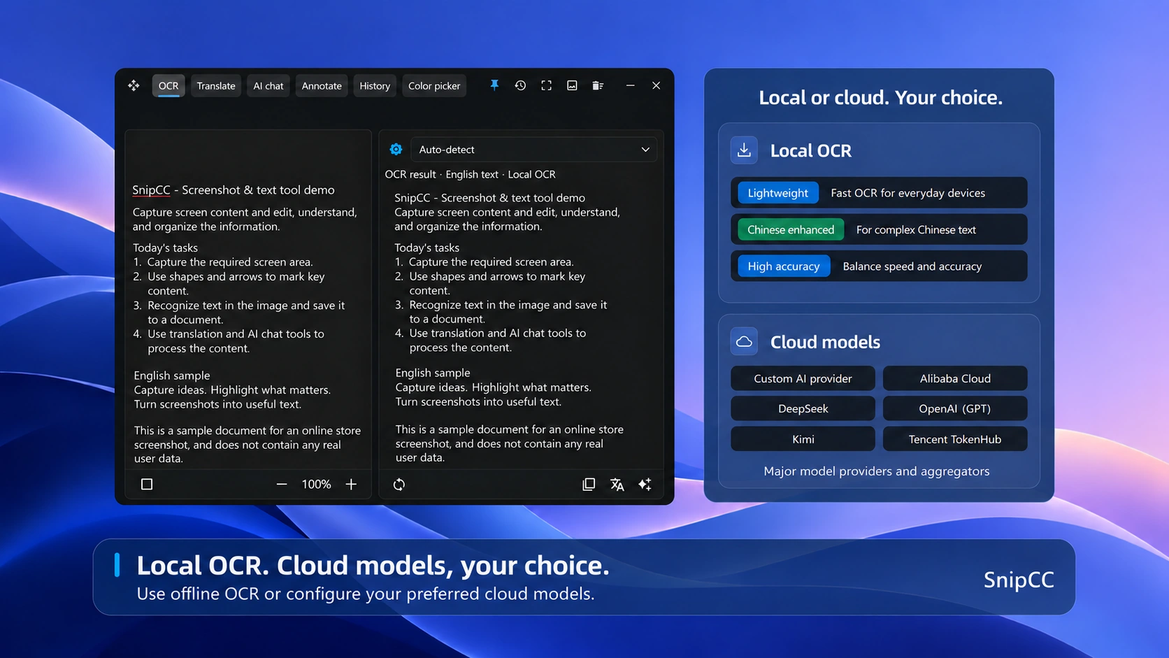 Compare images and OCR results with local and cloud recognition