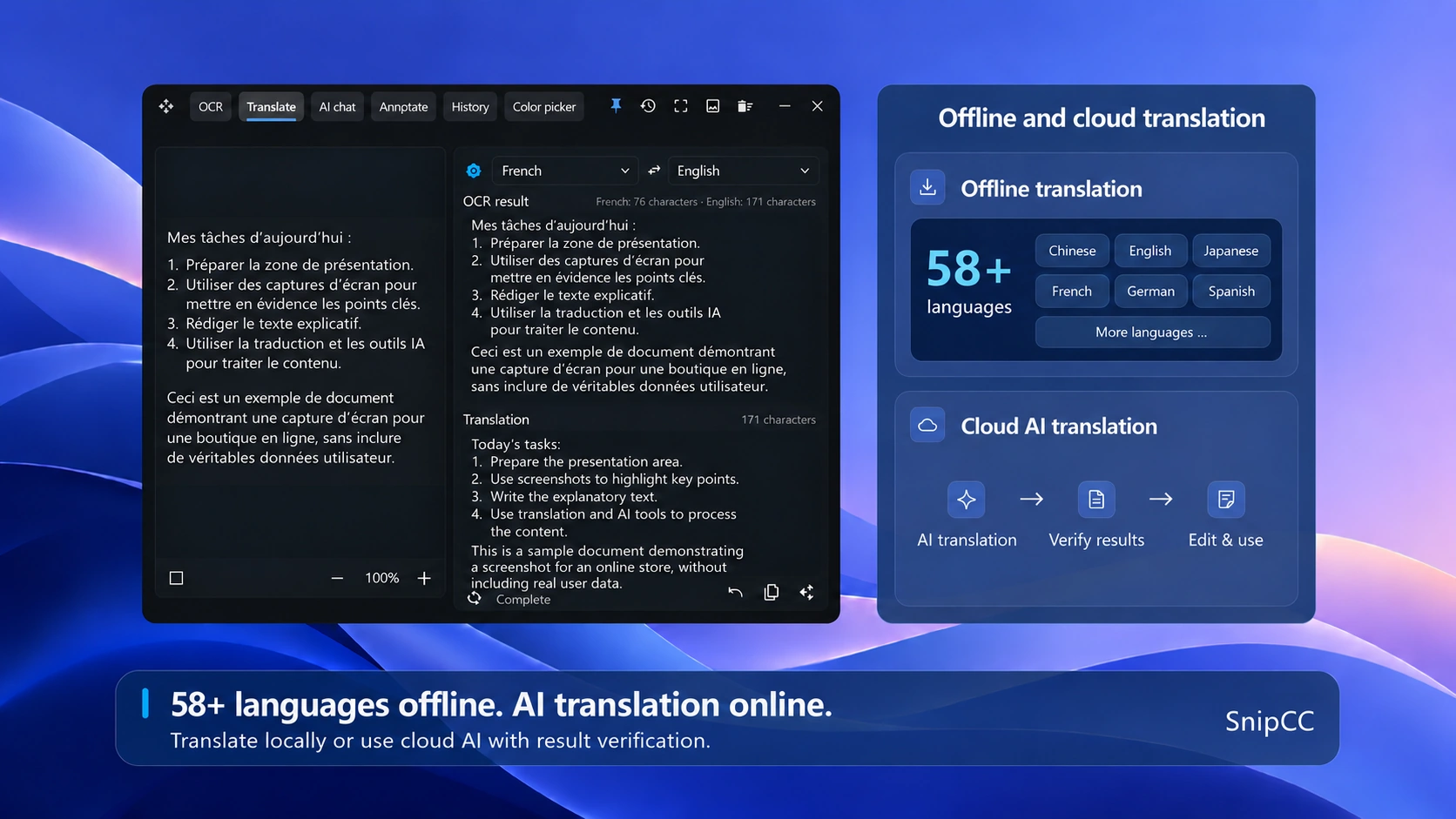 Compare source and translated text with local and cloud translation