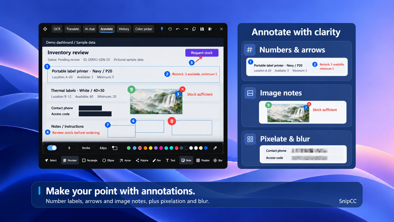 Number labels, arrows, image notes, pixelation and blur annotations