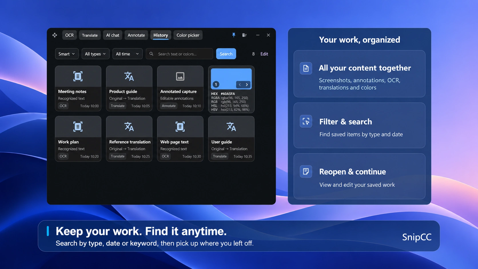 Manage saved content together and search by type, date or keyword