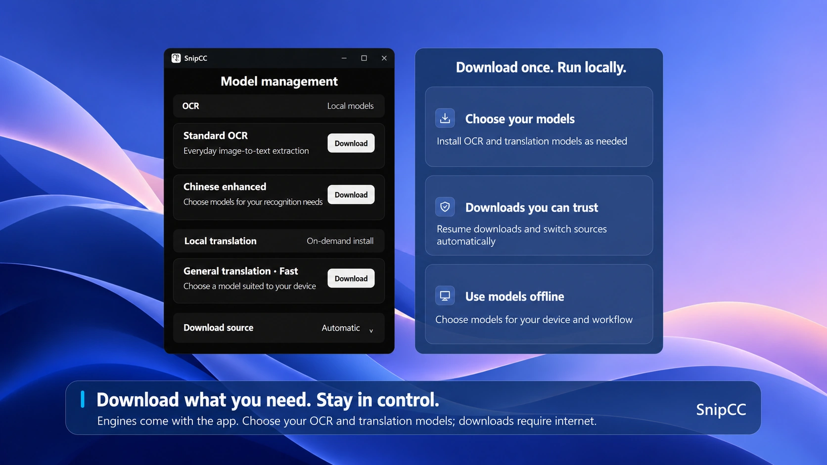 Download models on demand, install them and verify files