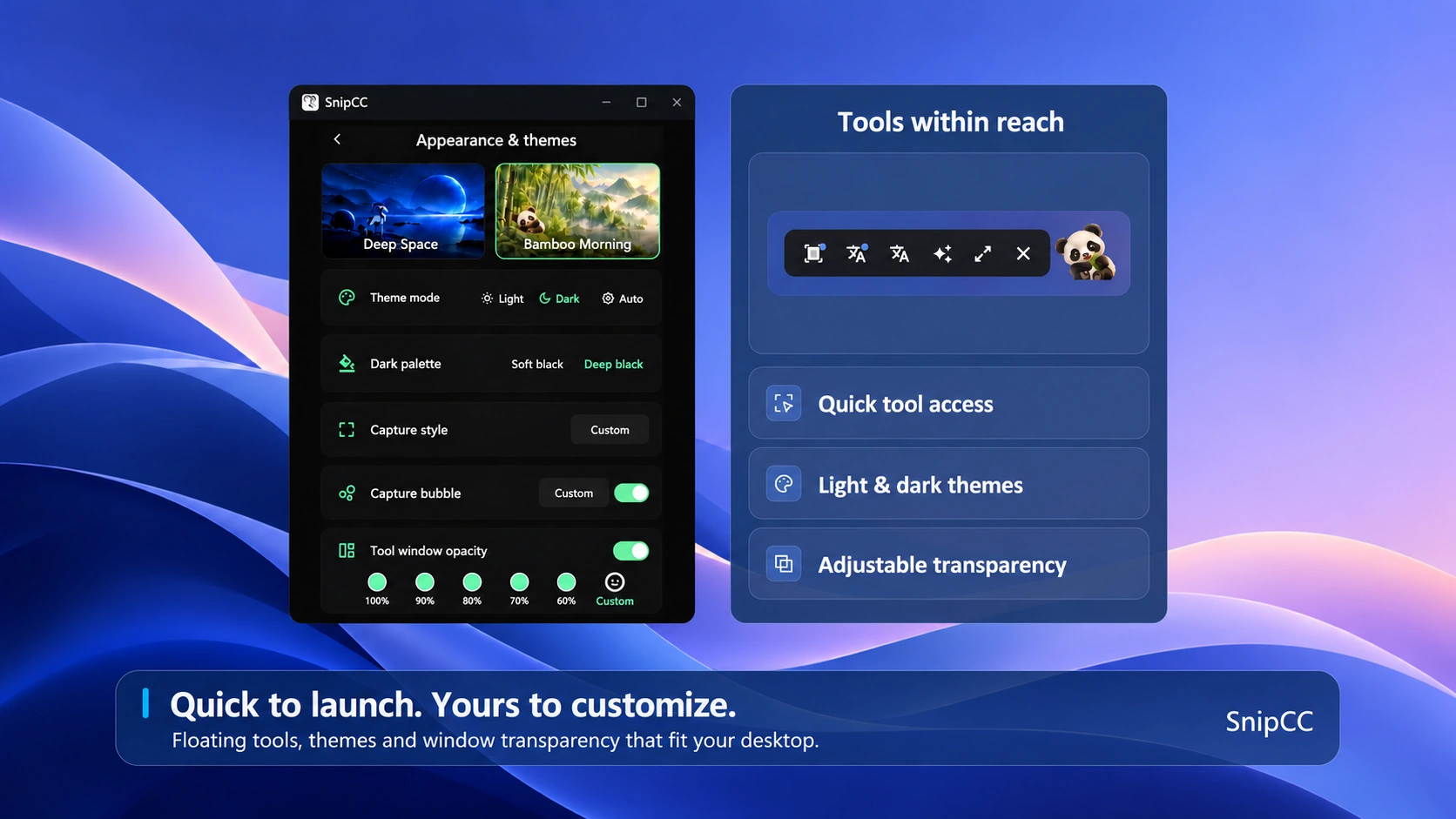 Appearance settings and floating quick toolbar
